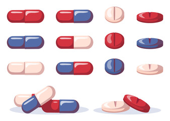 Set of pills. Medicine, pharmacy and healthcare concept. Isolated vector illustration on white background.