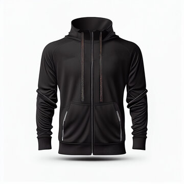 Black Jacket front view. Training black sport wind proof jacket on white background. Generative Ai. 3D style illustration. Mockup Template.