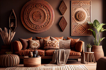 Home interior with ethnic boho decoration, living room in brown warm color, 3d style. Generative Ai.