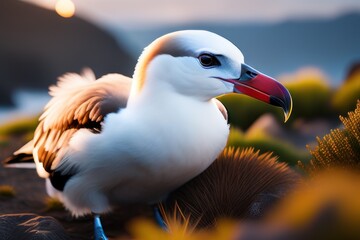Royal albatross is incubating its chick in a nest on a picturesque shore against a backdrop of snowy mountains. New Zealand. Wildlife concept of ecological environment. Generative AI