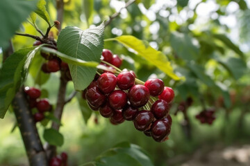 Branche de cerisiers mûr dans un verger en été