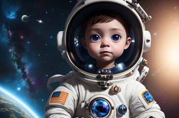 Astronaut kid in spacesuit. Portrait of baby in cosmic outfit in space. Preschooler cosmonaut. Generative AI.