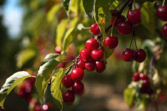 Branche de cerisiers m&ucirc;r dans un verger en &eacute;t&eacute;