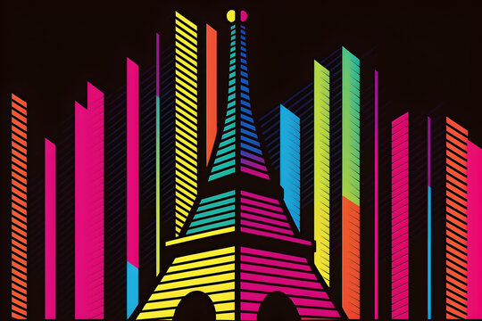 Eifel tower in retro synthwave pattern neon vibrant background