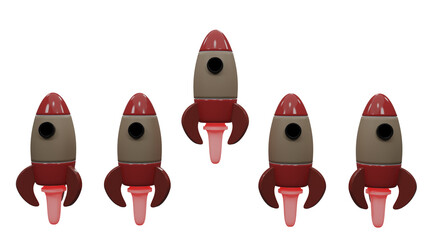 3d render illustration of five rockets one is fast for start up business and bitcoins advertise poster background