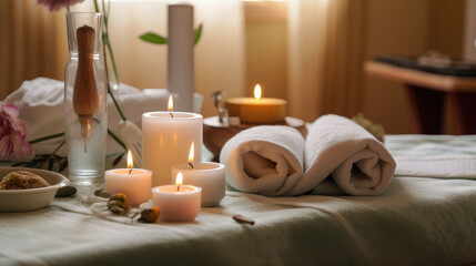 Fototapeta na wymiar Cute Spa Background with Candles and Towels. Illustration AI Generative.