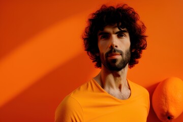 Fototapeta na wymiar Portrait of a beautiful man with orange background. Fictional person created with Generative AI