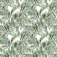 Naklejka na ściany i meble Tropical seamless pattern with palm leaves. Watercolor print on white background. Summer hand drawn illustration