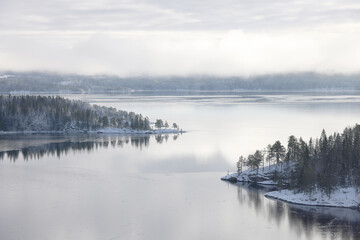 Winter landscape the frozen shores of Jonsvatnet lake near Trondheim, Norway., Europe	