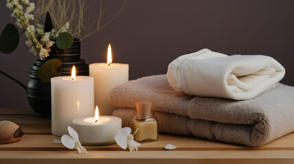 Obraz na płótnie Canvas Cute Spa Background with Candles and Towels. Illustration AI Generative.