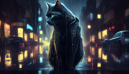 Full body black cat on a rainy night, Generative AI