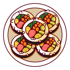 Kimbap (seaweed rice roll) on plate recipe illustration vector. Top view korean food menu icon. Cute cartoon korean food icon.