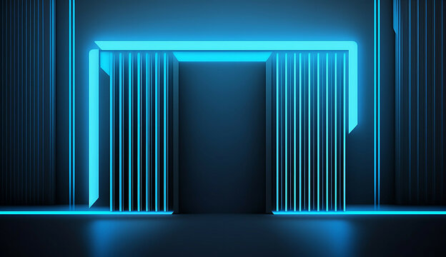 abstract blue neon lines background doorway portal frame shape  new quality stock image illustration desctop wallpaper design, Generative AI
