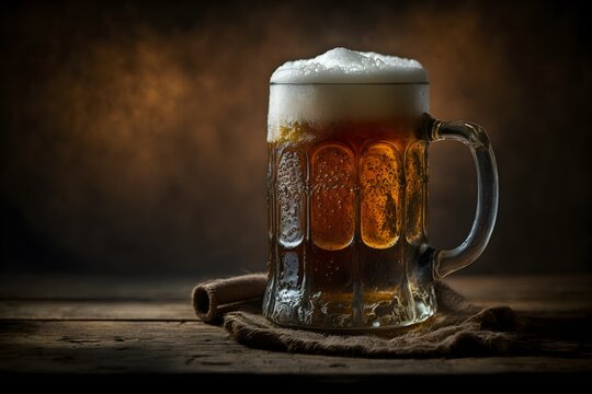 Background of a frosty mug of beer. Wallpaper illustration. Front view with copy space for text information or content. Concept of beer, pub, drink cold and refreshing. Generative AI.