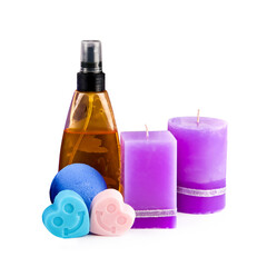 Obraz na płótnie Canvas Lavender shampoo, soap and scented candles isolated on white .