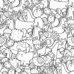 Farm animals black and white seamless pattern for coloring book. Doodle print with funny characters coloring page. Vector illustration
