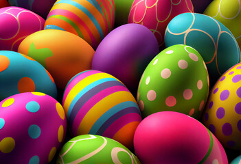 Fototapeta na wymiar Colorful Easter eggs background. Beautiful Easter eggs with different patterns. illustration. Backdrop or Background. Generative Ai.