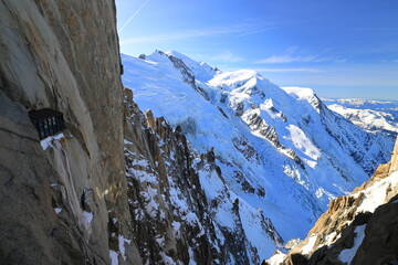 View of Mont Blanc seen from the Aiguille du Midi. French Alps, Europe.