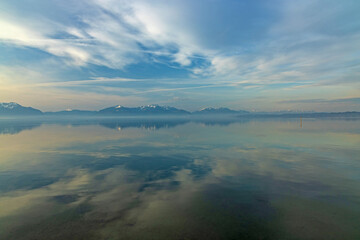 view over Chiemsee lake to the alps