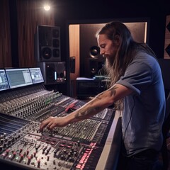 A man audio engineer working on a mixer in the studio, Ai Generative.