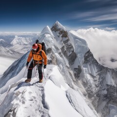 Mountaineer walking on a snowy mountain. Ai Generative.