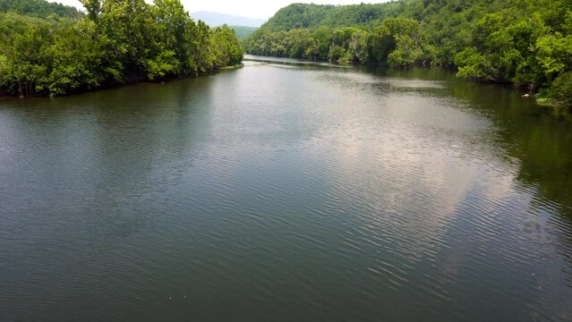 James River Gorge at Blue Ridge Parkway in Virginia. View of the James River water gap, a rare geological feature. The lowest point on the parkway and historically significant river throughway.