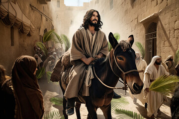 Biblical account of Jesus Christ riding a donkey while many people surrounded him. Triumphal Entry in Jerusalem or Palm Sunday Easter and is recorded in the Gospels. Generative ai - obrazy, fototapety, plakaty
