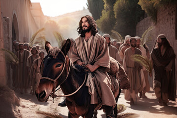 Biblical account of Jesus Christ riding a donkey  people surrounded him. Triumphal Entry in Jerusalem or Palm Sunday Easter and is recorded in the Gospels. Generative ai