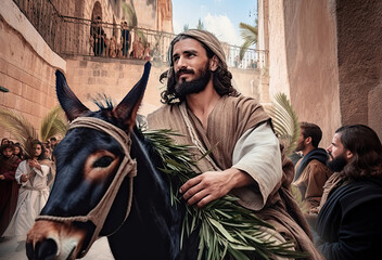 Jesus Christ riding a donkey many people surrounded him. Triumphal Entry in Jerusalem or Palm Sunday Easter and is recorded in the Gospels. Generative ai - obrazy, fototapety, plakaty