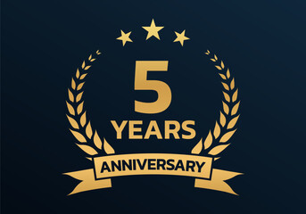 5 year anniversary laurel wreath logo or icon. Jubilee, birthday badge, label or emblem. 5th celebration design element. Vector illustration.