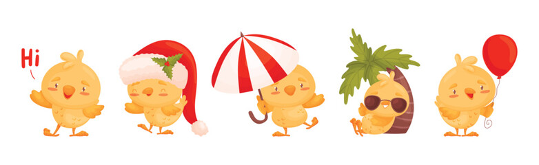 Funny Yellow Chicken Engaged in Different Activity Vector Set