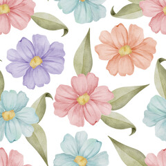 Watercolor Floral Seamless Pattern, Textured Watercolor FLowers and Leaves Background