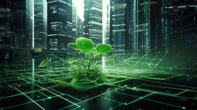 Concept d'&eacute;cologie et urbanisme, germe vert, &eacute;cologie, dans la ville futuriste
