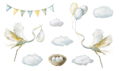 Watercolor illustration - Cute newborn, baby shower, stork, girl boy, balloon, flags, nest, eggs, stork's, pregnancy, celebration, birthday painting card.