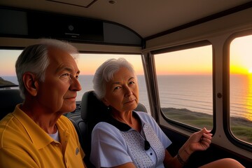 Senior happy couple greeting the sunset in the Camper van. Concept of active age. Generative AI
