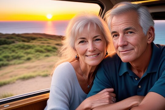 Senior happy couple greeting the sunset in the Camper van. Concept of active age. Generative AI