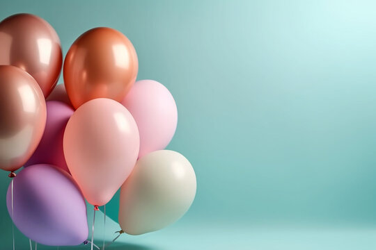 Colorful helium balloons on light pastel background with space for text. Birthday celebration, wedding, baby shower decor. Minimal creative idea for party and celebration, greeting card. AI generated.