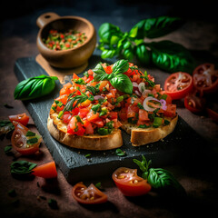 Home made bruschetta, hyper realistic, food photography, warm studio lighting, delicious, in a rustic Italian kitchen background