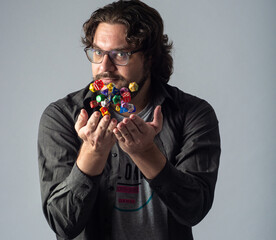 White geek man showing tabletop RPG things