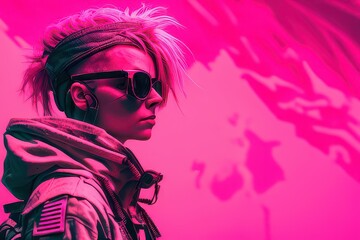 Naklejka na ściany i meble Portrait of a beautiful punk woman with pink background. Fictional person created with Generative AI