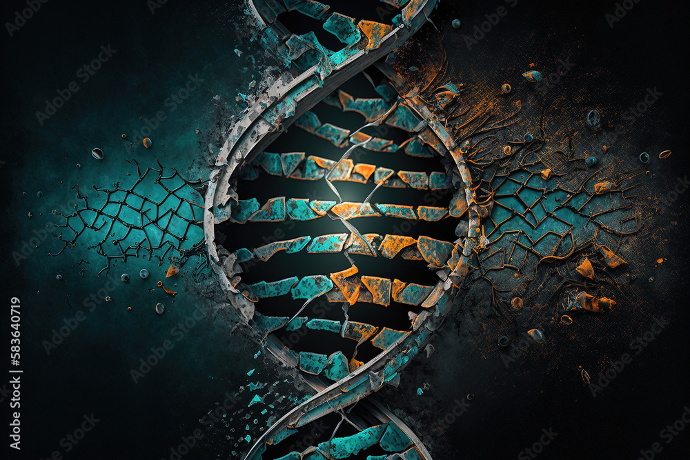 Poster broken dna helix on a black background. generated by ai
