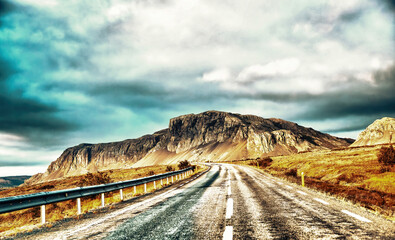 Beautiful landscape scenario with dramatic sky along the ring road, route 1 in Iceland
