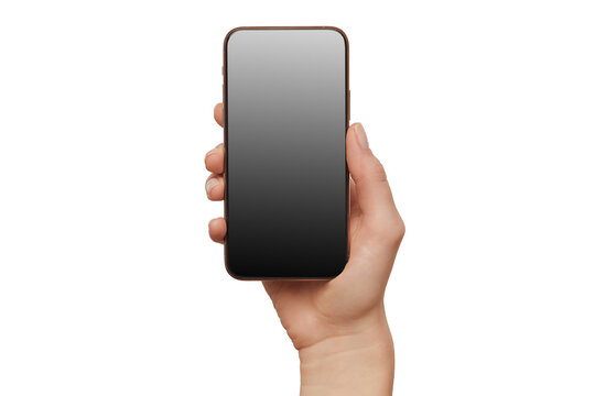 Female hand holding modern mobile phone with black screen isolated at white background. Cellphone mockup.