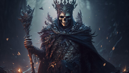 the lich king, the dark bone lord from the mythical books. Created using generative AI.