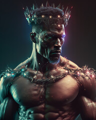 A brutal portrait of a muscular man, a dark gin from mythological scriptures. Hero and anti-hero of different peoples and times. Created using generative AI.