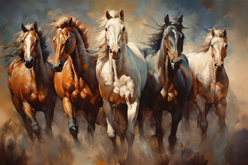 Unique and successful five horse illustration painting. AI