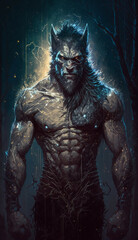 Fototapeta na wymiar Brutal portrait of a vampire werewolf, a man of wars with a formidable look in the rain. Antihero of the Middle Ages. Created using generative artificial intelligence.