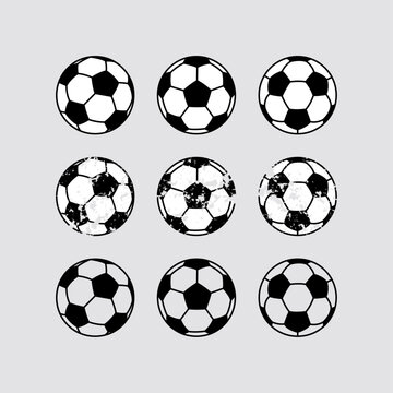Soccer ball set Distressed football equipment Grunge sport balls