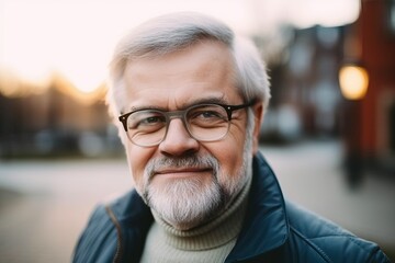 Close-up portrait of confident and happy elderly man wearing glasses