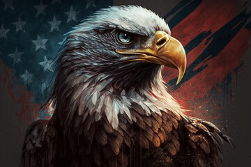 Obraz premium Eagle with american flag in the background for 4th of July. Duty and patriotism USA freedom concept. Ai generated